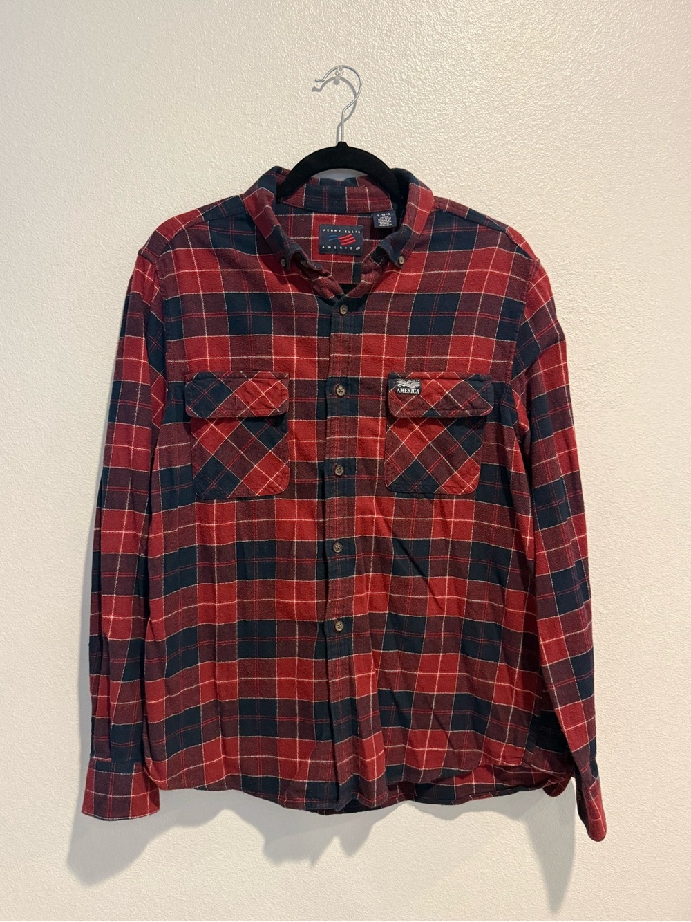 Perry Ellis Red and Navy Plaid Button-Down Shirt
